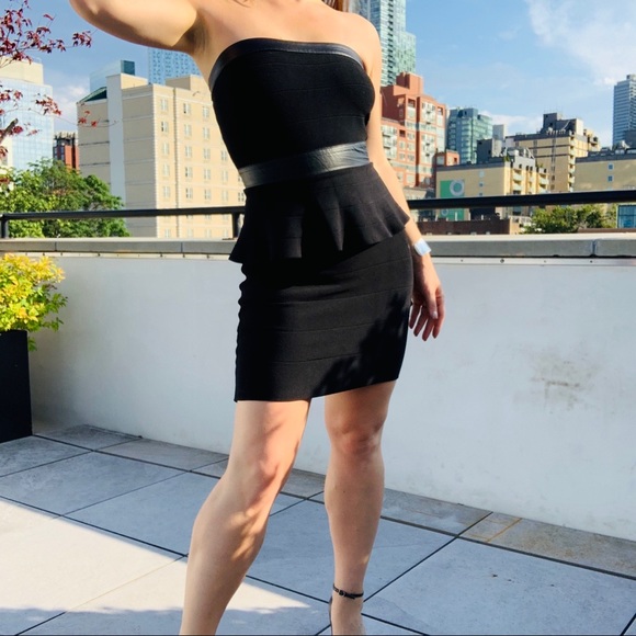 Bebe Strapless Bandage Leather Peplum BodyconDress - Picture 4 of 16